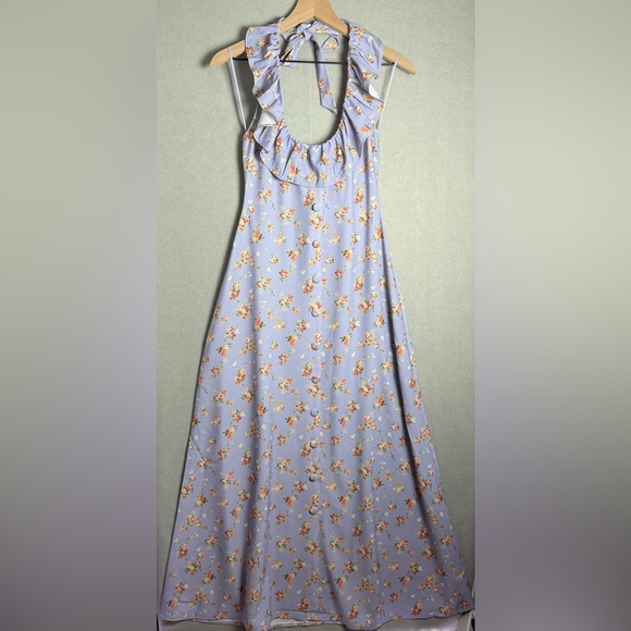 Brand New WeWoreWhat Women's Ruffle Halter Midi Dress Vintage Roses Purple S - Picture 1 of 12